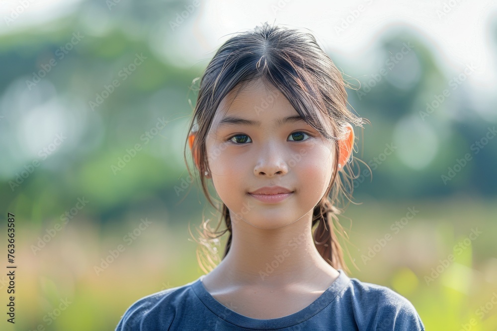 A young girl with long hair and a blue shirt is smiling at the camera A young girl with long hair and a blue shirt is smiling at the camera