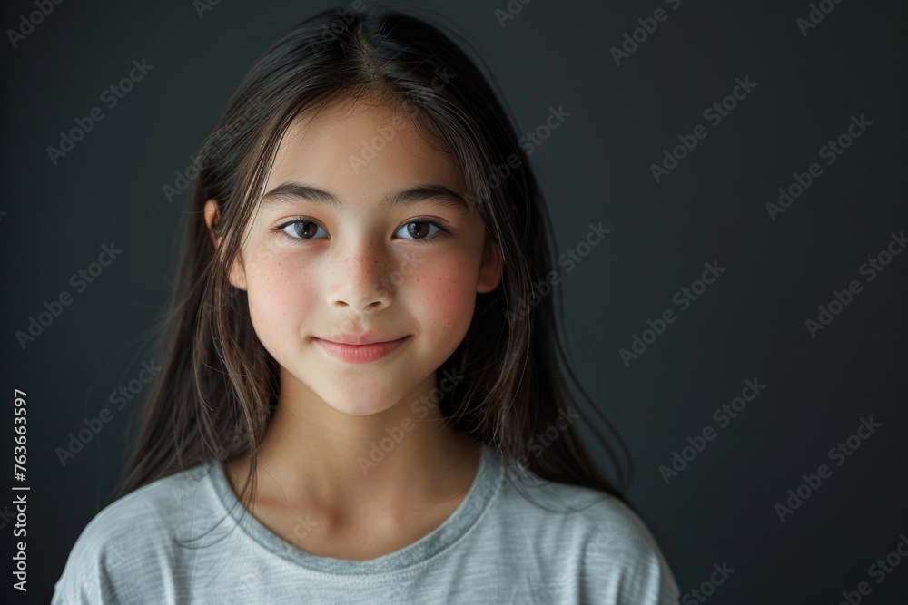 A young girl with long hair and a grey shirt is smiling A young girl with long hair and a grey shirt is smiling