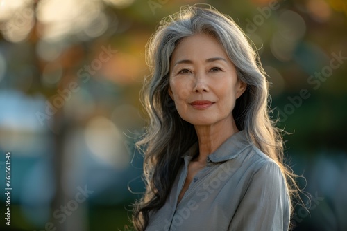 A woman with long gray hair is smiling and wearing a gray shirt