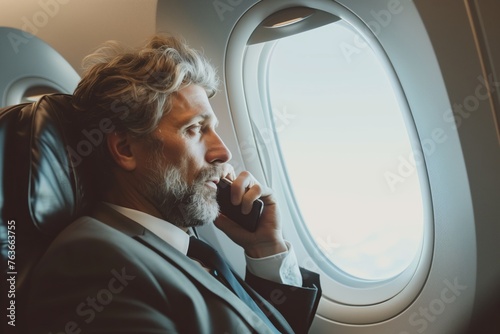 A man with a beard in a suit is sitting comfortably on an airplane, talking on a cell phone. He is heading to a fun event and may work for an aerospace manufacturer photo