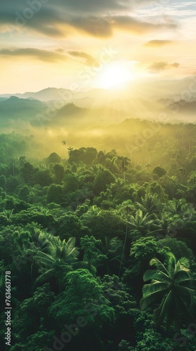 Beautiful green amazon forest landscape at sunset sunrise. Adventure explore air drone view © CREATIVE STOCK
