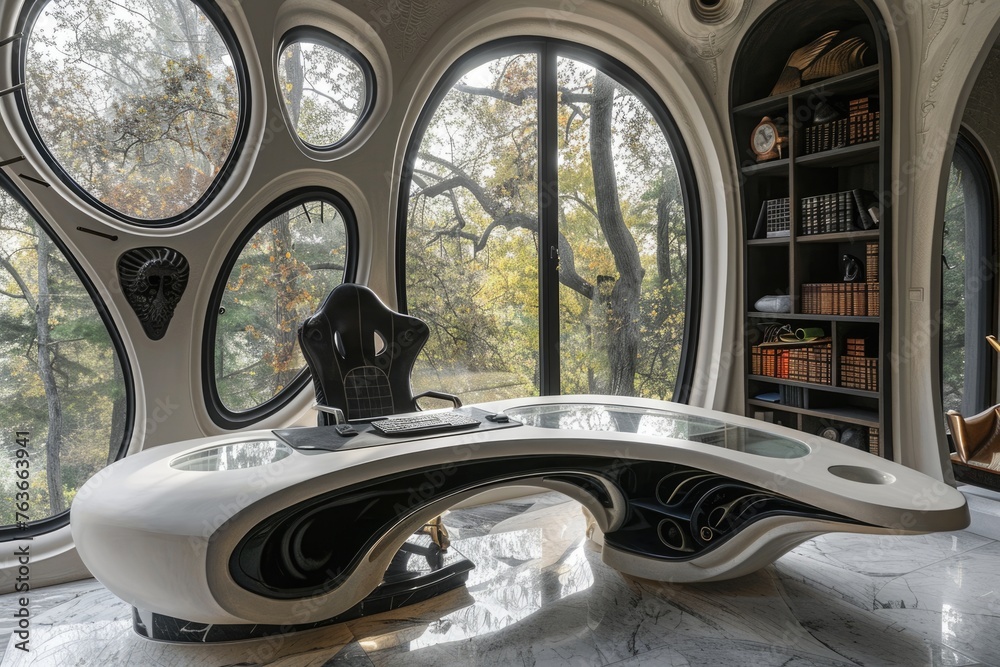 Futuristic modern art nouveau home office decor, blending timeless elegance with contemporary flair, creating a stylish and sophisticated workspace that merges tradition and innovation seamlessly