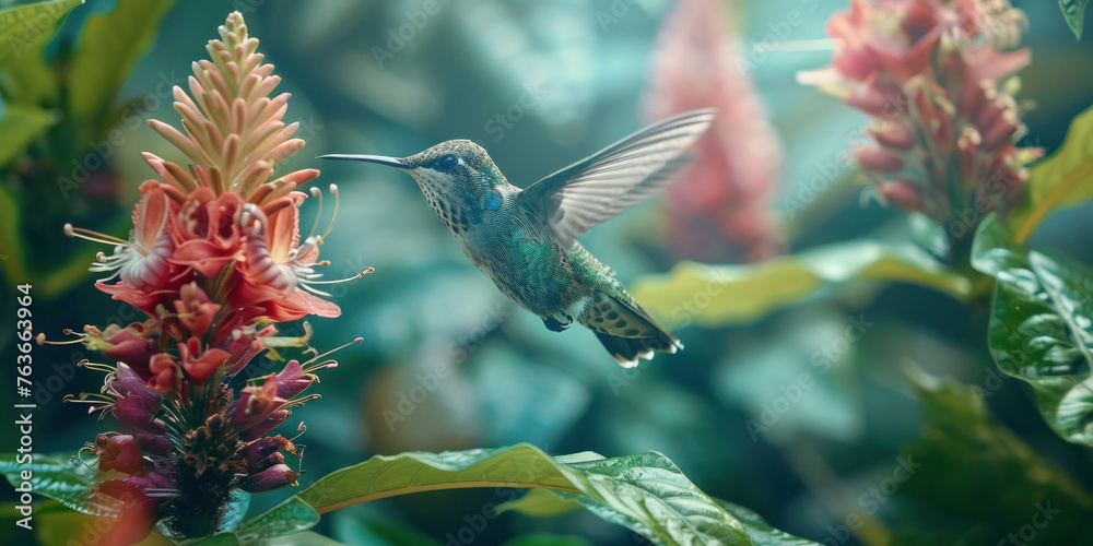 Fototapeta premium Beautiful hummingbird hovers over flower in lush green field with leaves and flowers in background