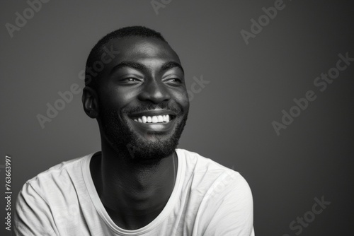 A man with a big smile on his face is wearing a white shirt