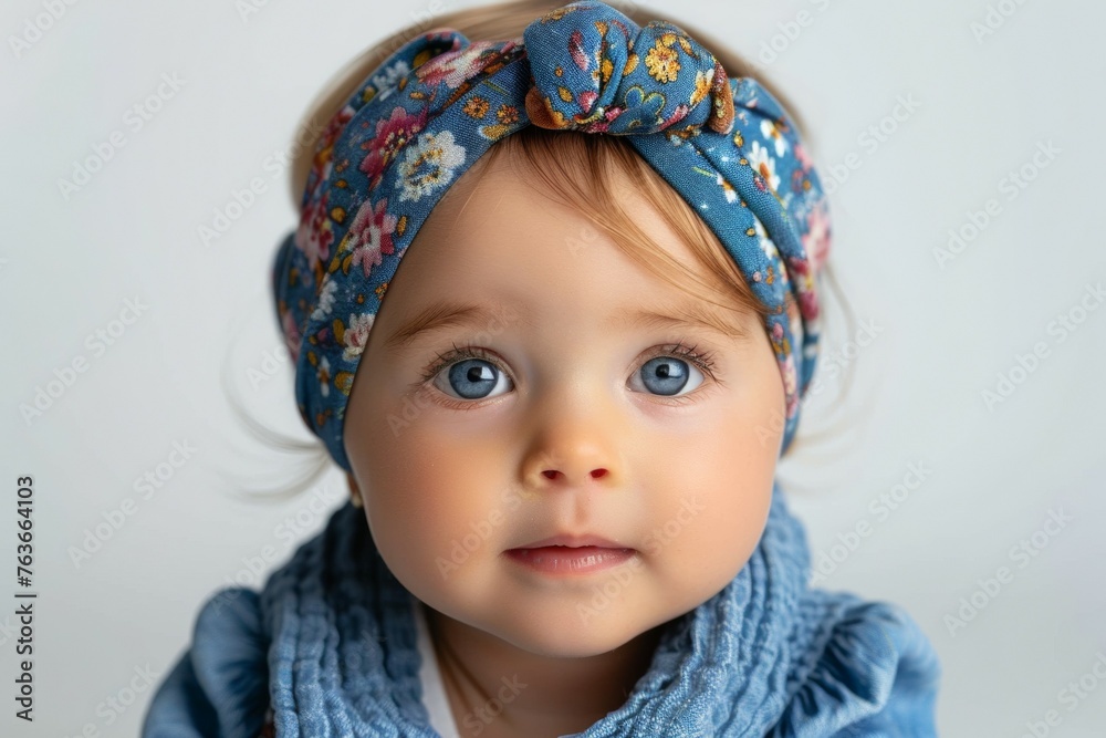 A baby girl with a blue floral headband A baby girl with a blue floral headband
