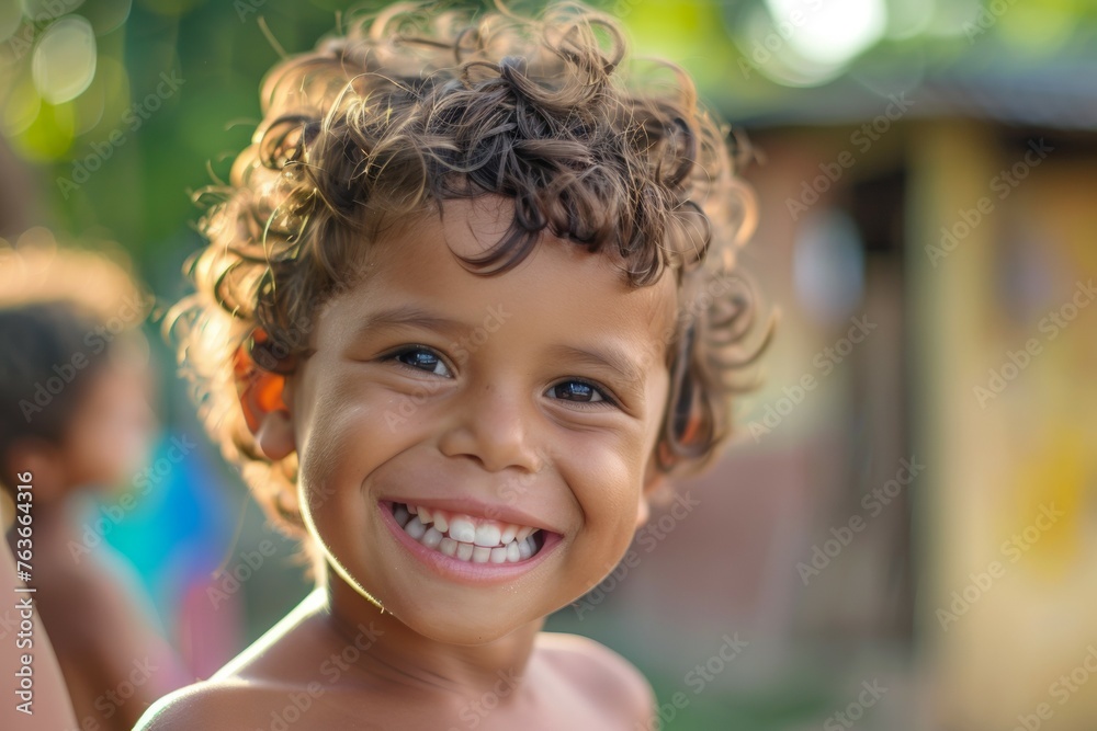 A young boy with curly hair is smiling and showing his teeth A young boy with curly hair is smiling and showing his teeth