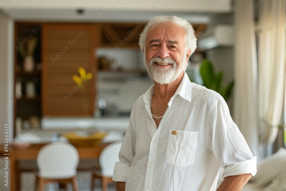 A man in a white shirt is smiling in front of a kitchen