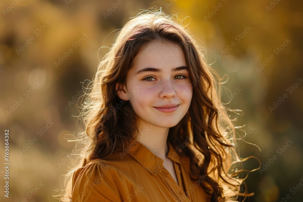 A girl with long hair is smiling at the camera A girl with long hair is smiling at the camera