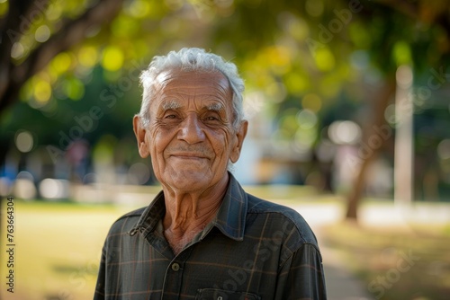 An older man with a smile on his face is standing in a park