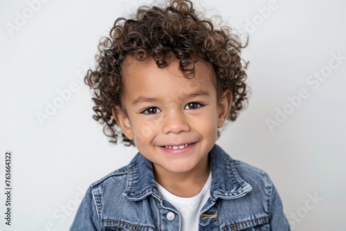 A young child with curly hair is smiling and wearing a blue jacket