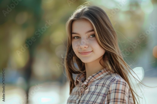 A young woman with long brown hair and a plaid shirt is smiling for the camera