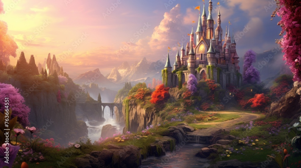 Fantasy landscape with majestic castle amidst mountains. Fairytale background.