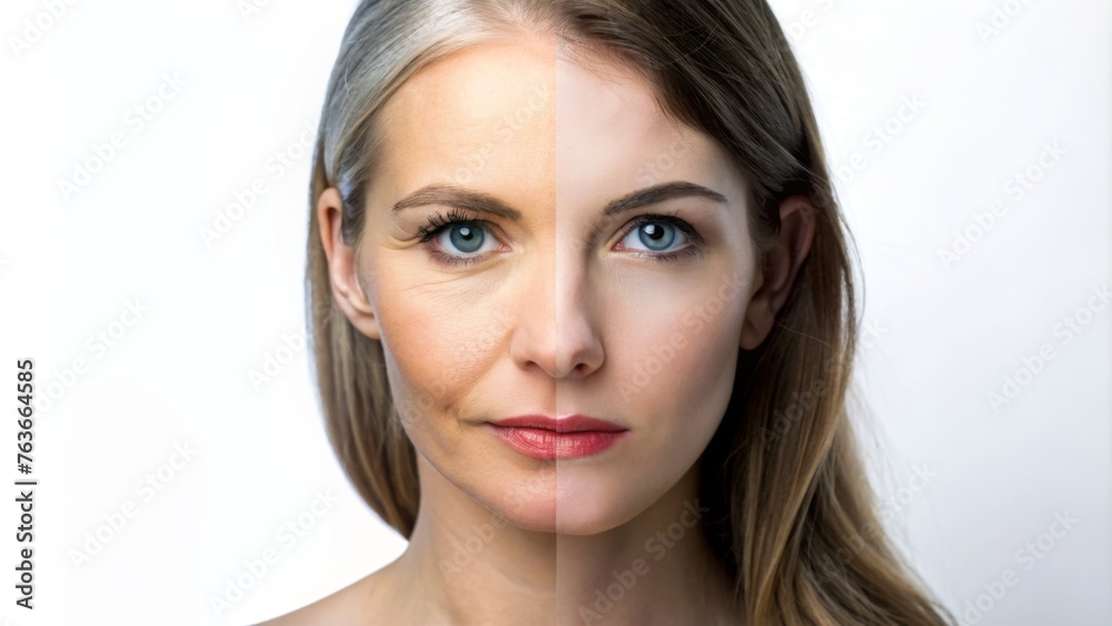 Side-by-side young and aging woman portrait - Two halves of a female face, one young and one aging, are merged to create a compelling portrait symbolizing the aging process