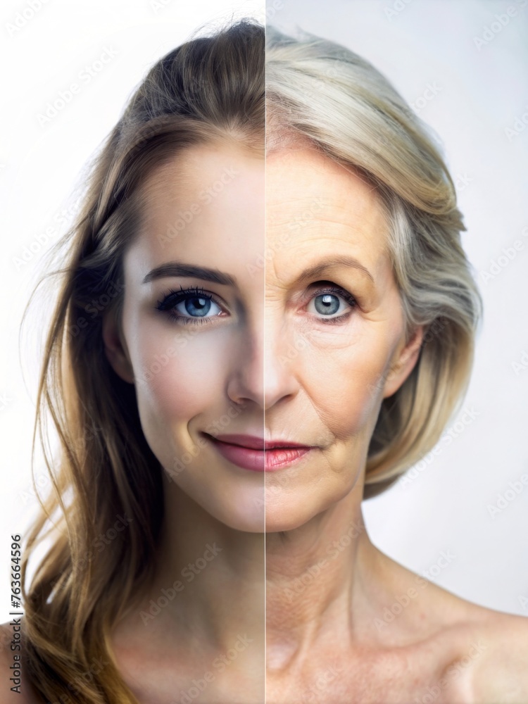 Young and aged split-face female portrait - Creative portrait juxtaposing the young and old versions of a woman's face, reflecting on life's aging journey