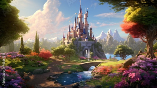 Enchanted castle in picturesque fantasy landscape. Fairytale and adventure.