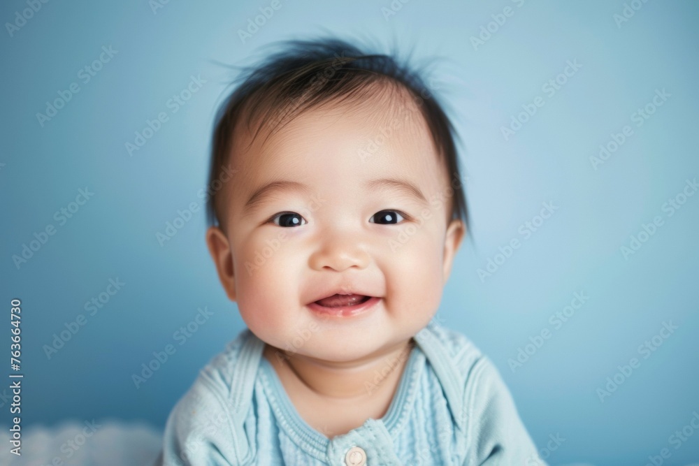 A baby with a blue shirt is smiling and looking at the camera