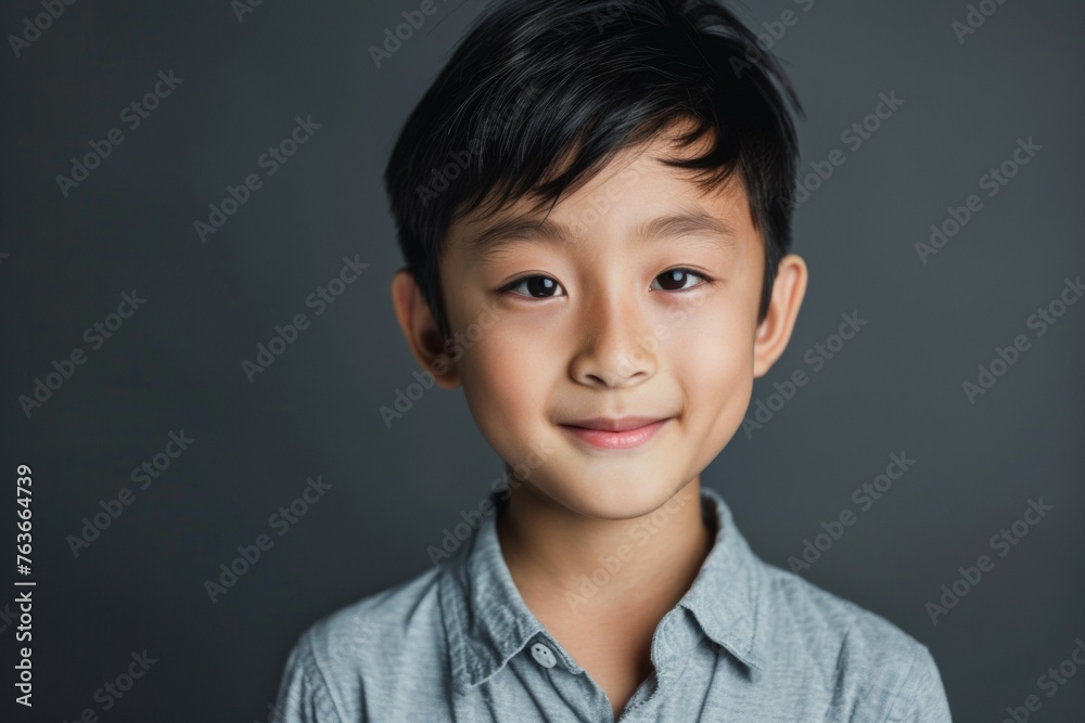A young boy with dark hair and a gray shirt is smiling A young boy with dark hair and a gray shirt is smiling
