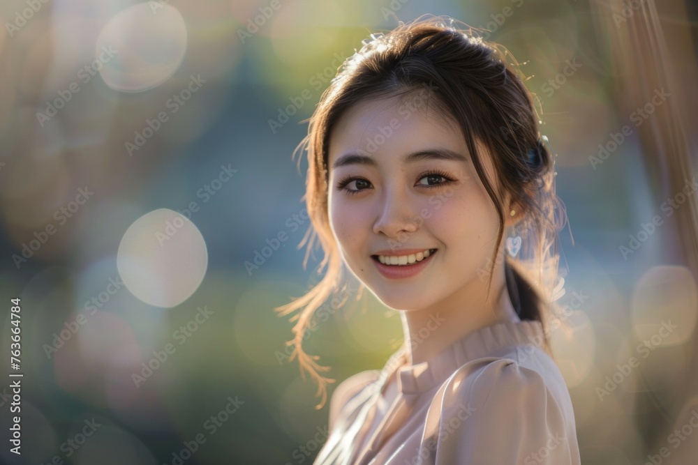 A woman with long hair and a smile on her face A woman with long hair and a smile on her face