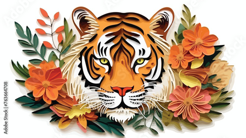 Tiger with leaves and flowers paper quilling flat 