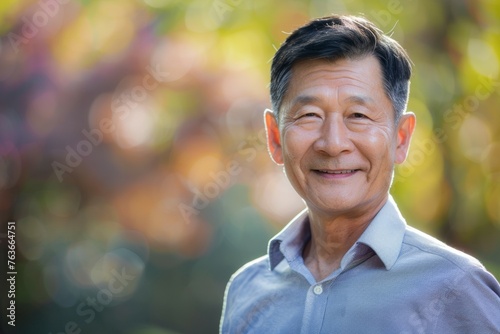 A man with a smile on his face is standing in front of a tree