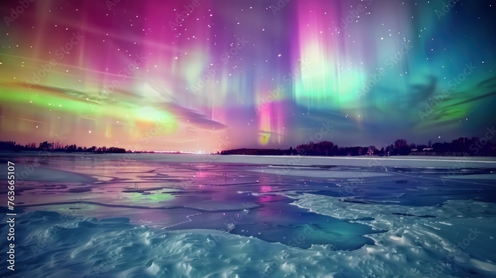 A breathtaking aurora borealis display over a vast, frozen lake. The ice reflects the vibrant colors of the sky, with shades of green, purple, and blue dancing 