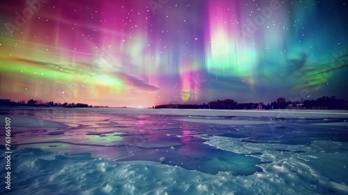 A breathtaking aurora borealis display over a vast, frozen lake. The ice reflects the vibrant colors of the sky, with shades of green, purple, and blue dancing 