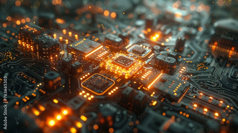 Obraz premium Traditional linear supply chains in the AI sector are evolving into dynamic networks, integrating data streams, AI algorithms, and hardware components for seamless innovation and delivery. 