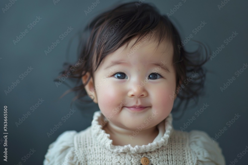 A young girl with long hair and a white sweater is smiling A young girl with long hair and a white sweater is smiling