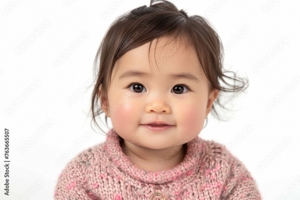 A baby girl is wearing a pink sweater and smiling A baby girl is wearing a pink sweater and smiling