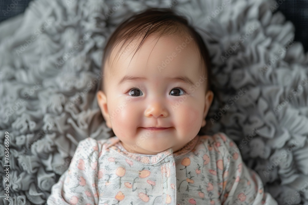 A baby is smiling and looking at the camera A baby is smiling and looking at the camera