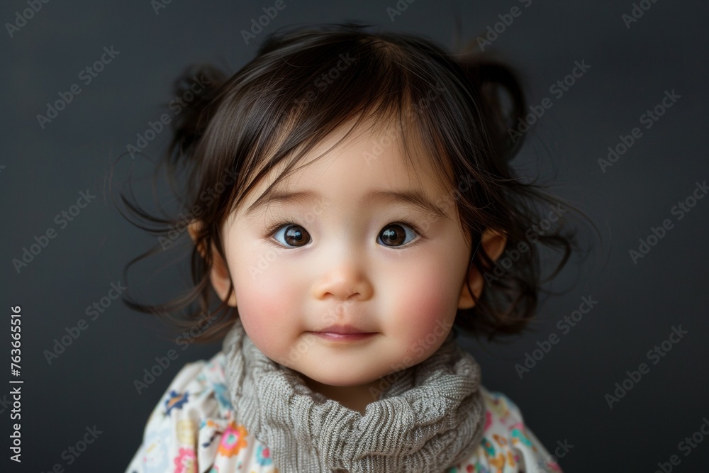 A young girl with brown hair and a scarf around her neck is smiling A young girl with brown hair and a scarf around her neck is smiling