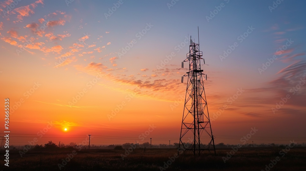A standing tower silhoutte at the sunset
