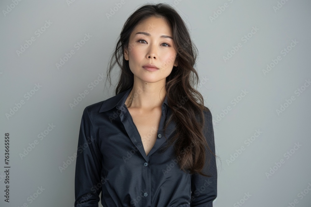 A woman with long hair and a black shirt is standing in front of a white wall A woman with long hair and a black shirt is standing in front of a white wall