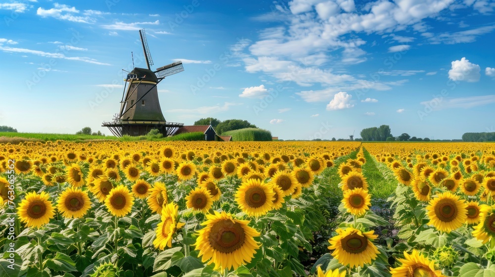 A cheerful scene of a sunflower field in full bloom, with a traditional windmill standing tall in the background. The bright yellow of the sunflowers 
