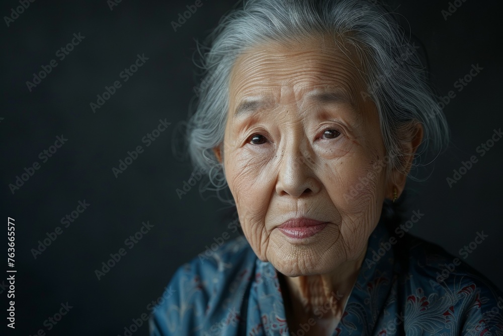 A woman with gray hair and wrinkles on her face is looking at the camera