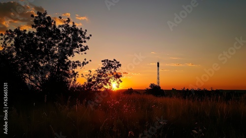 A standing tower silhoutte at the sunset