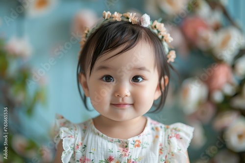 A young girl wearing a flowery headband and a white dress © top images