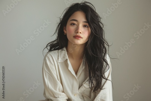 A woman with long hair is sitting in a white shirt