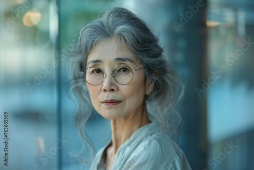 A woman with glasses and gray hair is standing in front of a window