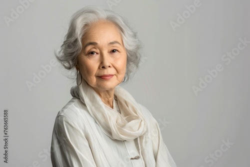 A woman with gray hair and a scarf around her neck is smiling for the camera