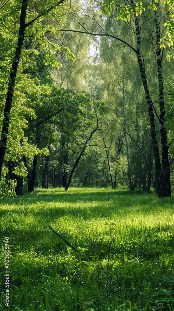 Obraz premium Beautiful green summer forest. Spring background, backdrop. Forest Illsutration