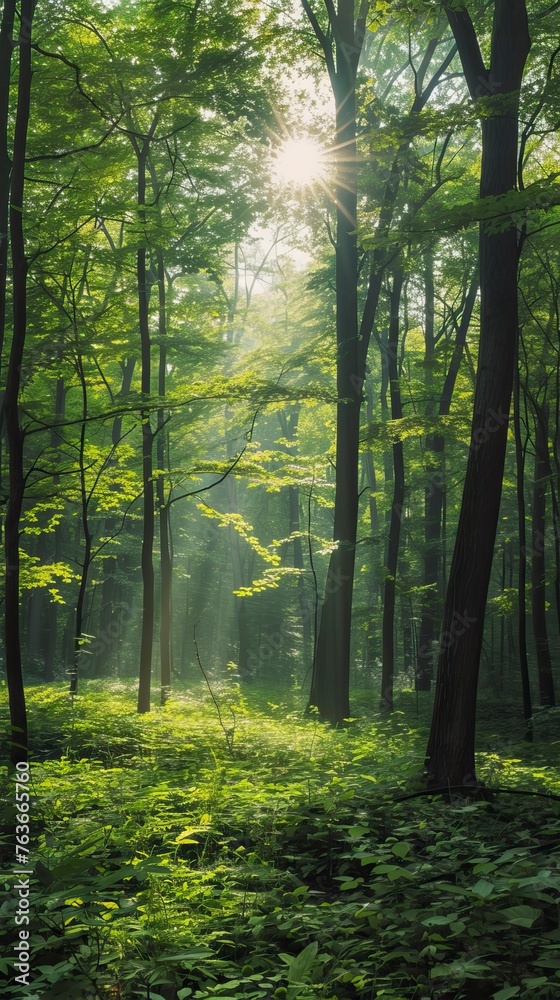 Obraz premium Beautiful green summer forest. Spring background, backdrop. Forest Illsutration 