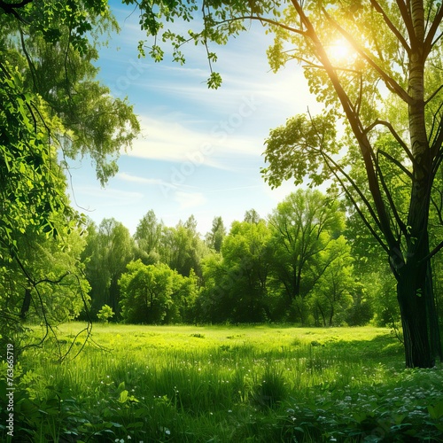 Beautiful green summer forest. Spring background  backdrop. Forest Illsutration 