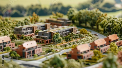 A complex next to a protected green belt, with mini construction scenes showing the careful development respecting environmental regulations  photo