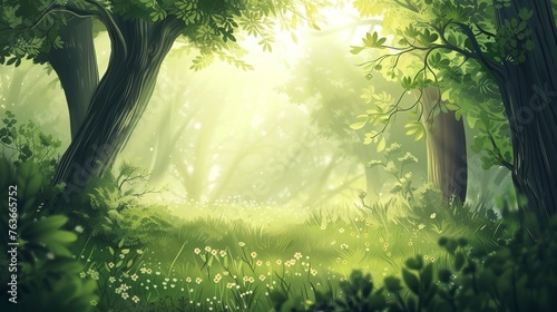 Beautiful green summer forest. Spring background, backdrop. Forest Illsutration 
