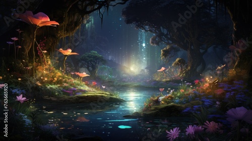 Enchanted forest scene with magical glowing light and flowers. Fantasy landscape.