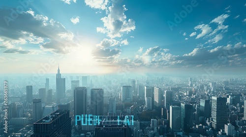 cityscape with a blue sky and a building with the word financial on it photo