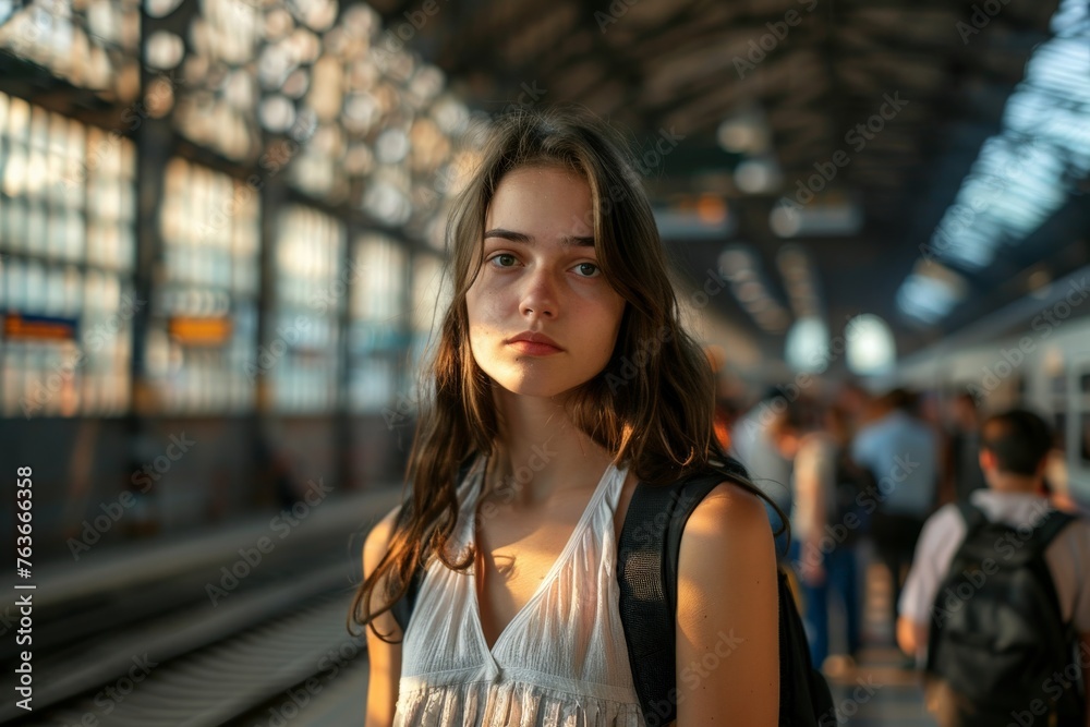 Young beautiful woman waiting on railway station, summer travel trip, Woman traveler