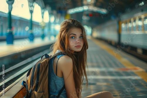Young beautiful woman waiting on railway station, summer travel trip, Woman traveler
