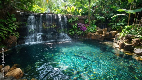 A hidden oasis in the heart of a dense rainforest  featuring a majestic waterfall cascading into a crystal